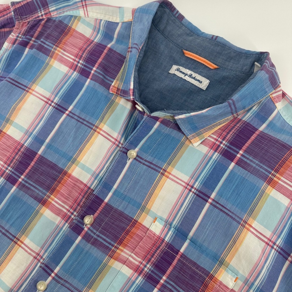 Tommy Bahama Mens 3XLB Plaid Short Sleeve Button Down Shirt Cotton Tencel Blue